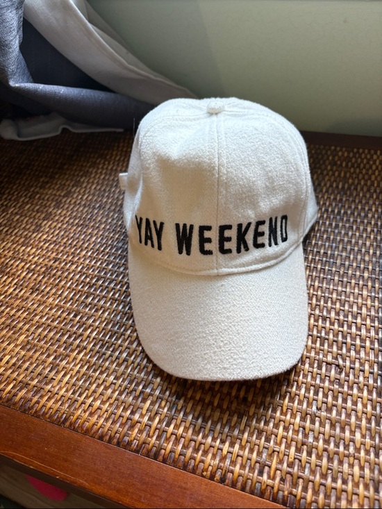 Express Accessories - Express Cream Baseball Cap with Black “Yay Weekend” Text